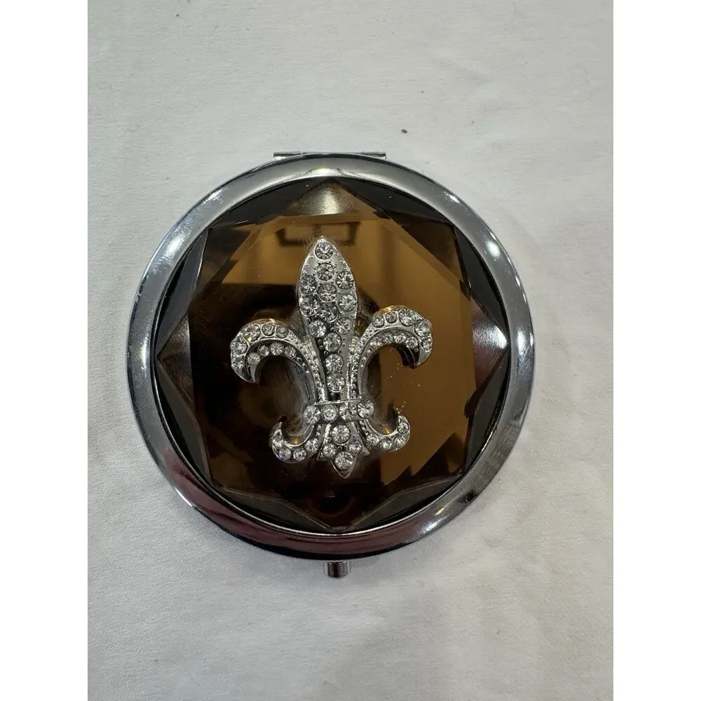 Avon Brown Enamel Rhinestone Fleur-de-Lis double mirror,‎ compact